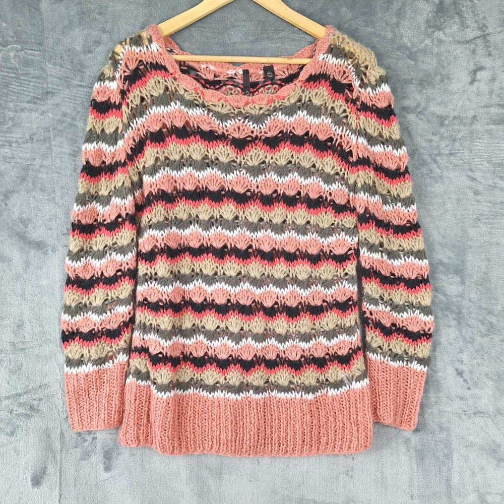 Womens Sweater Large Boho Crochet Knit Indie Striped Cottagecore Cozy Pullover